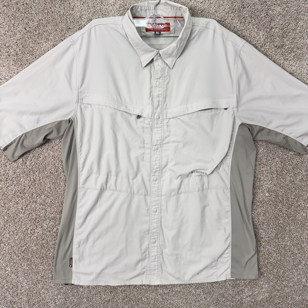 Simms Fishing Shirt Mens XL Short Sleeve Beige Snap Button Ripstop Venting